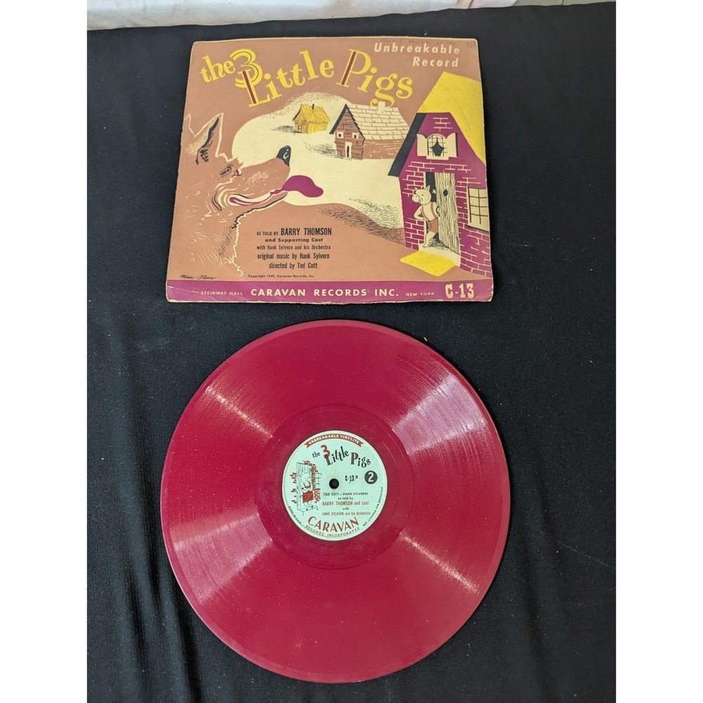 1940's The 3 little Pigs childrens 10" records Vintage 78rpm red Caravan‎ c-13